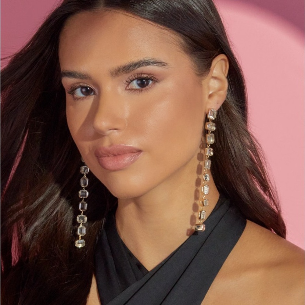Luxe 14K Gold Plated Glass Stone Linear Earrings